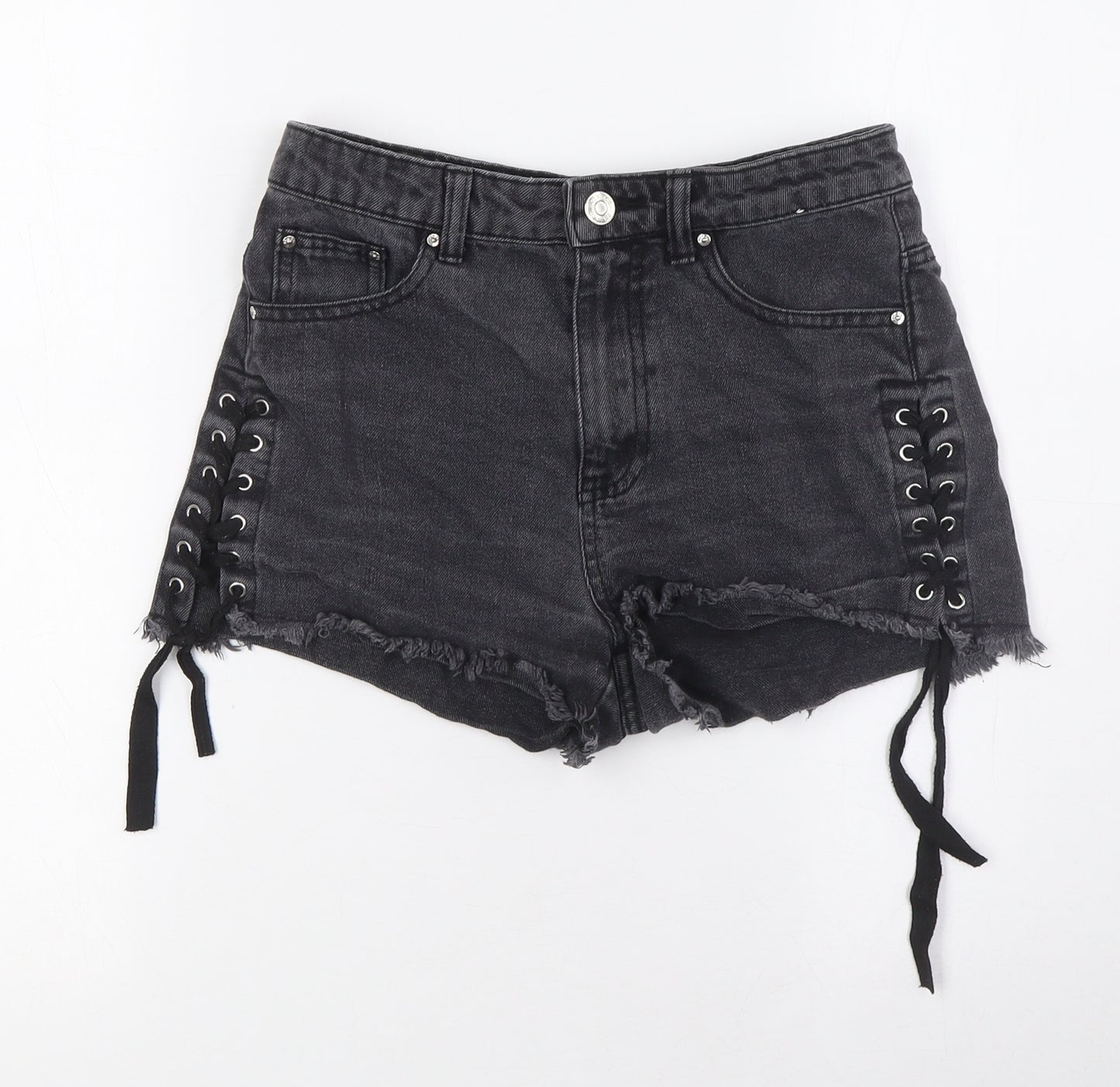 Denim & Co. Womens Black Cotton Basic Shorts Size 8 Regular Zip - Lace up