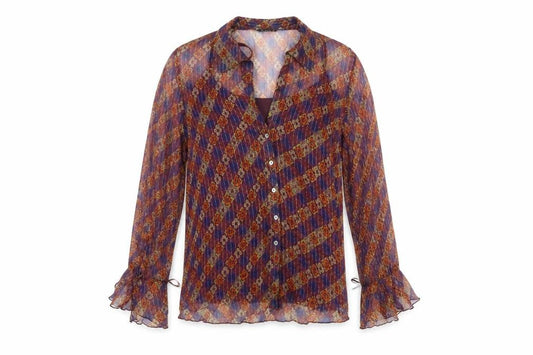 Front view of Evans women’s multicoloured geometric polyester basic button-up, size UK 16, v-neck