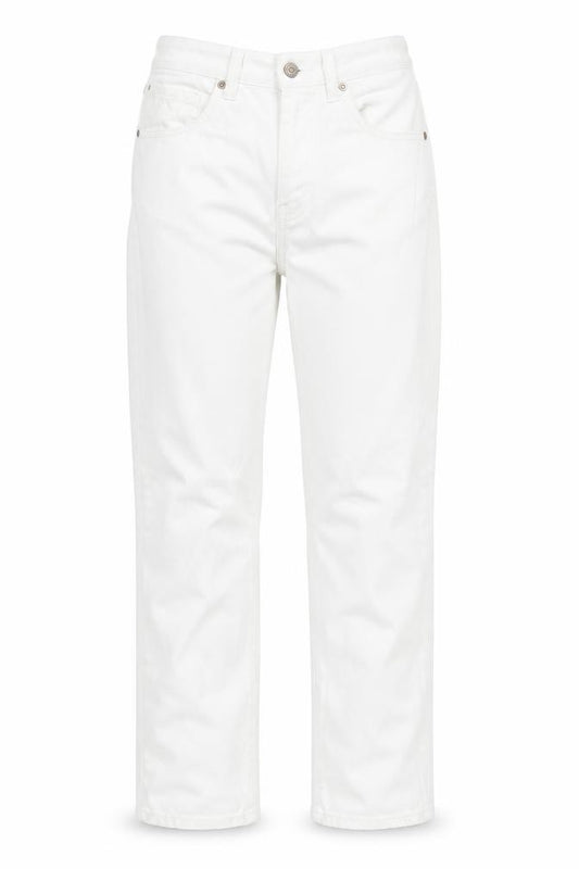 Front view of Uniqlo women’s white cotton straight jeans, size UK 24, in, 27-inch leg regular zip