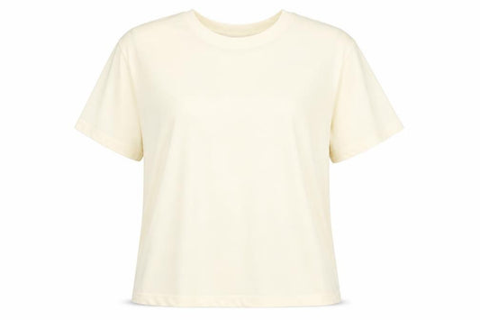 Front view of Prima women’s yellow polyester basic t-shirt, size UK 18, round neck