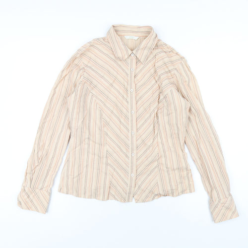 Marks and Spencer Womens Beige Striped Cotton Basic Button-Up Size 12 Collared