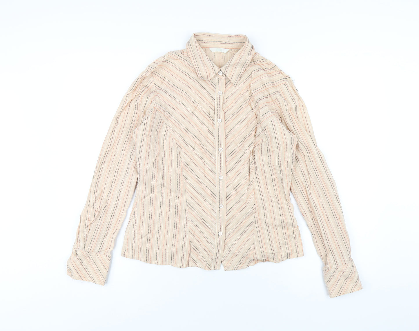 Marks and Spencer Womens Beige Striped Cotton Basic Button-Up Size 12 Collared