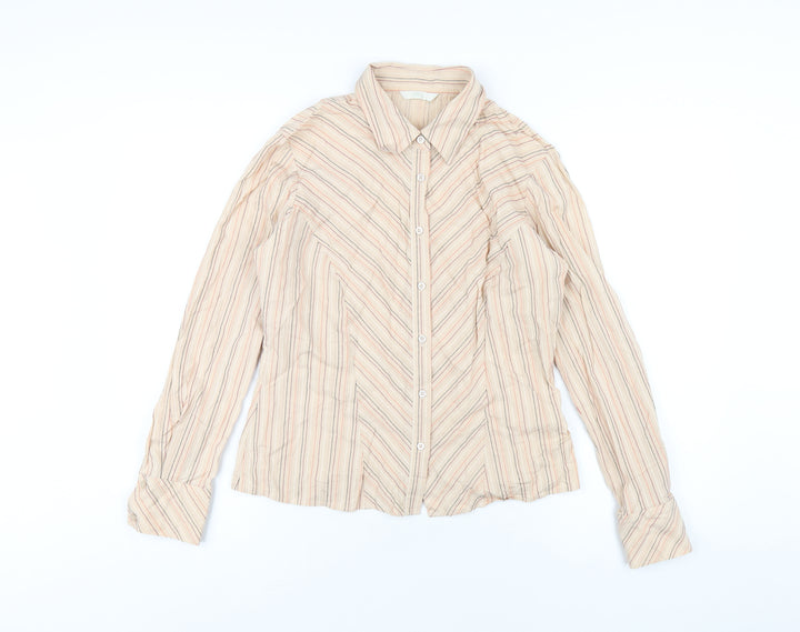 Marks and Spencer Womens Beige Striped Cotton Basic Button-Up Size 12 Collared