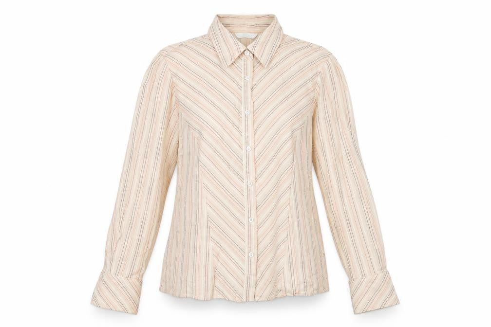 Marks & Spencer Womens Beige Striped Cotton Basic Button-Up Size 12 Collared