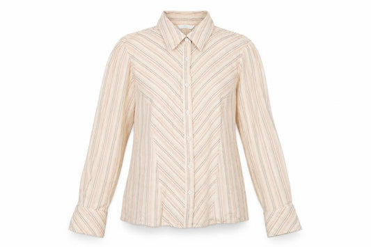 Front view of Marks & Spencer women’s beige striped cotton basic button-up, size UK 12, collared