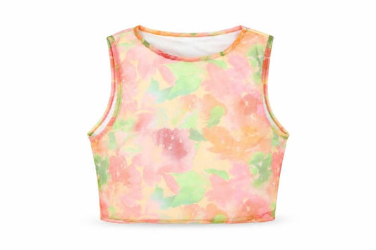 Front view of Boohoo women’s multicoloured geometric polyester cropped tank, size UK 10, round neck