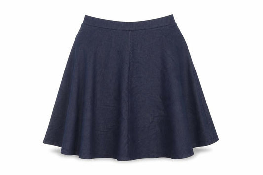 Front view of Dorothy Perkins women’s blue cotton skater skirt, size UK 6