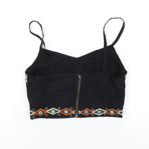 New Look Womens Black Geometric Cotton Cropped T-Shirt Size 6 V-Neck - Beaded