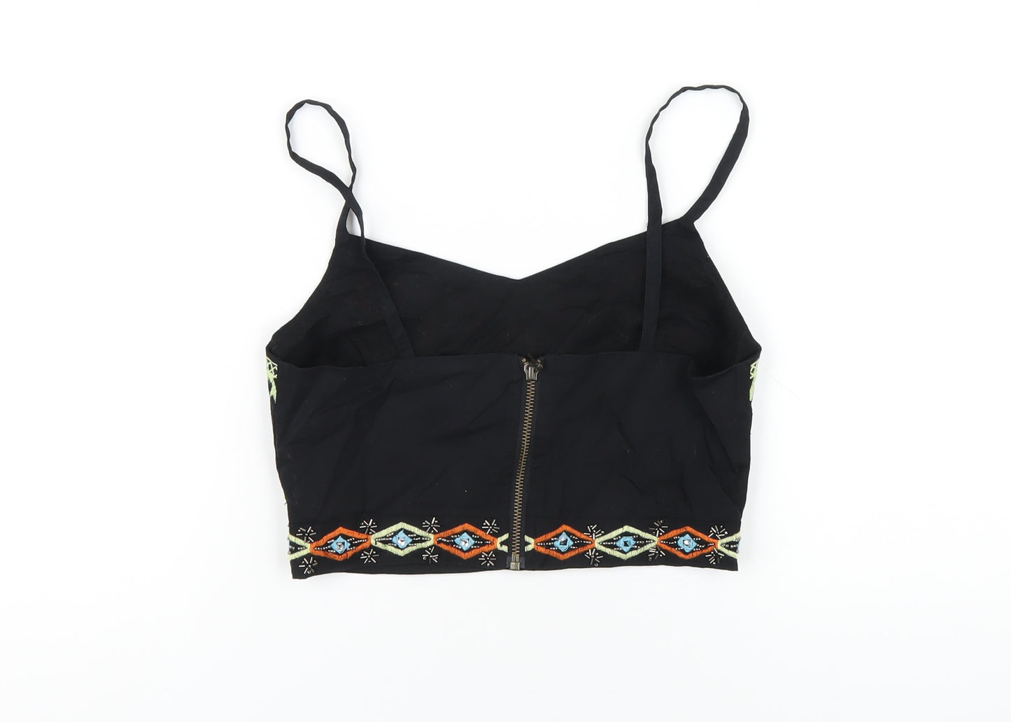 New Look Womens Black Geometric Cotton Cropped T-Shirt Size 6 V-Neck - Beaded