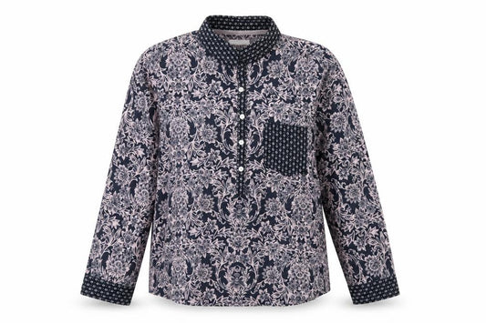 Front view of Next women’s blue geometric polyester top pyjama top, size UK 10, button