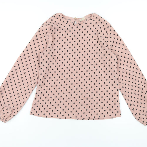 Zara Girls Pink Polka Dot Polyester Basic T-Shirt Size 11-12 Years Round Neck Button