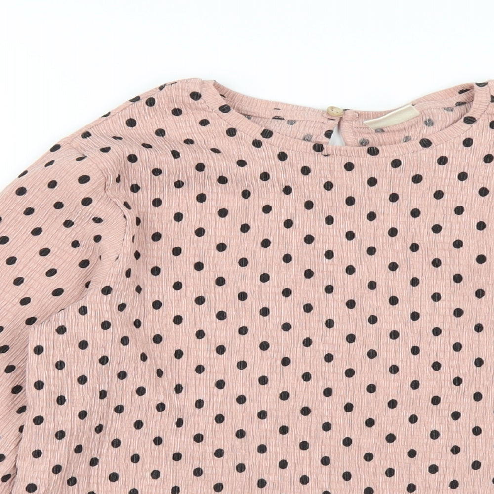 Zara Girls Pink Polka Dot Polyester Basic T-Shirt Size 11-12 Years Round Neck Button