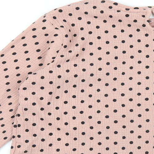 Zara Girls Pink Polka Dot Polyester Basic T-Shirt Size 11-12 Years Round Neck Button