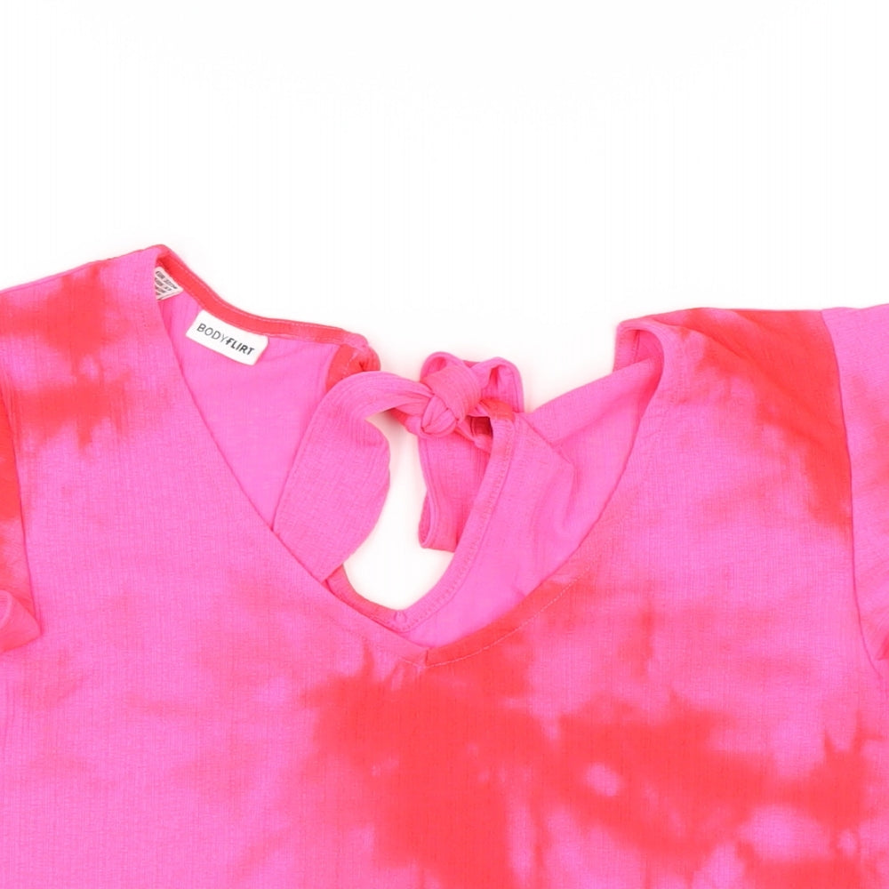 Body Flirt Womens Pink Geometric Polyester Basic T-Shirt Size 6 V-Neck - Tie Dye