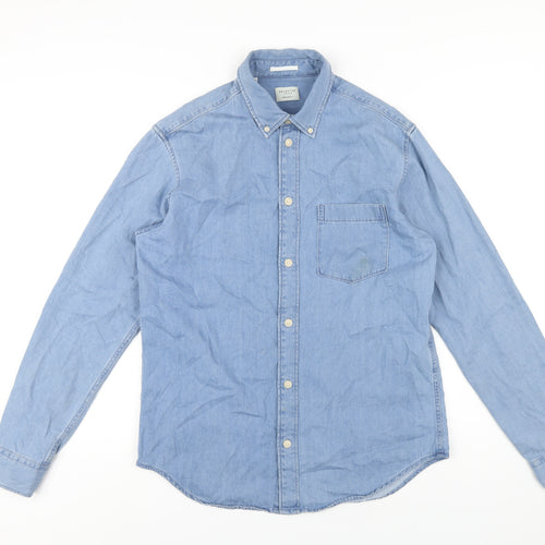 Selected Homme Mens Blue Cotton Button-Up Size L Collared Button