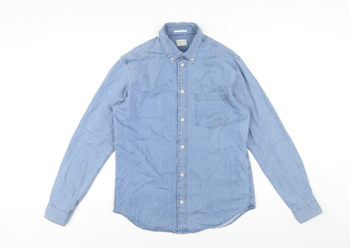 Selected Homme Mens Blue Cotton Button-Up Size L Collared Button