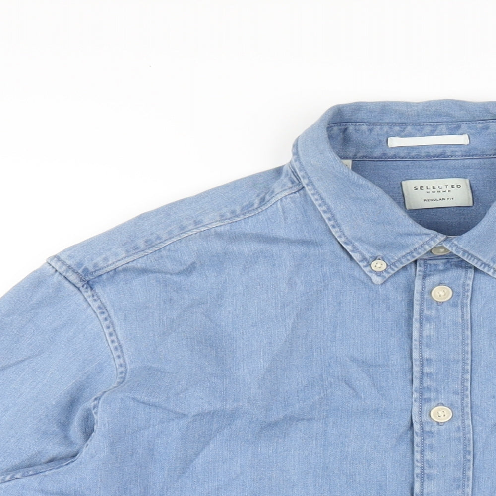 Selected Homme Mens Blue Cotton Button-Up Size L Collared Button
