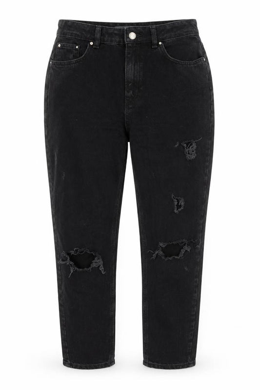 Front view of Denim & Co. women’s black cotton mom jeans, size UK 10, 30-inch leg regular zip