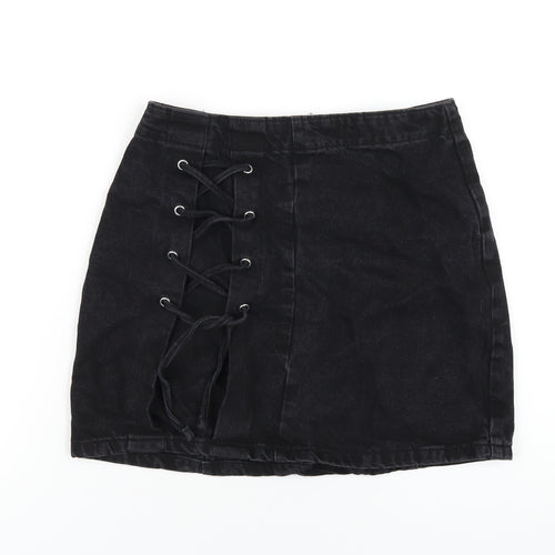 Denim & Co. Womens Black Cotton A-Line Skirt Size 8 Zip