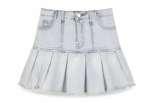 Front view of Loveheynew women’s blue cotton a-line skirt, size UK 26, in zip