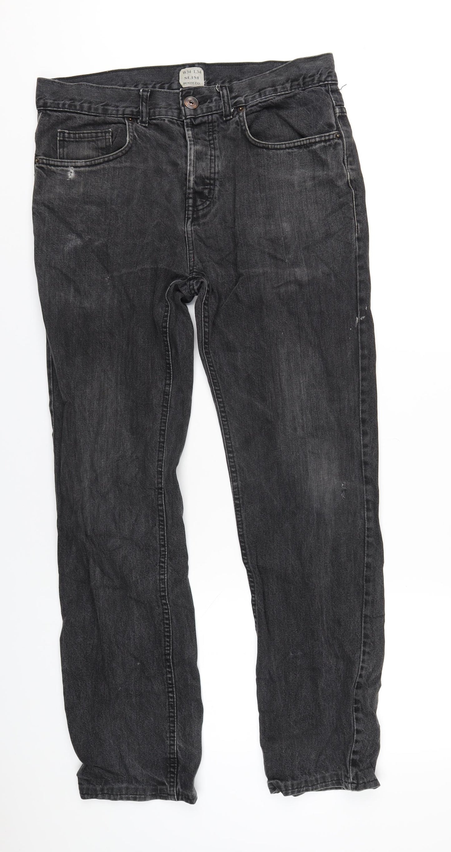 Denim & Co. Mens Black Cotton Straight Jeans Size 34 in L34 in Regular Button
