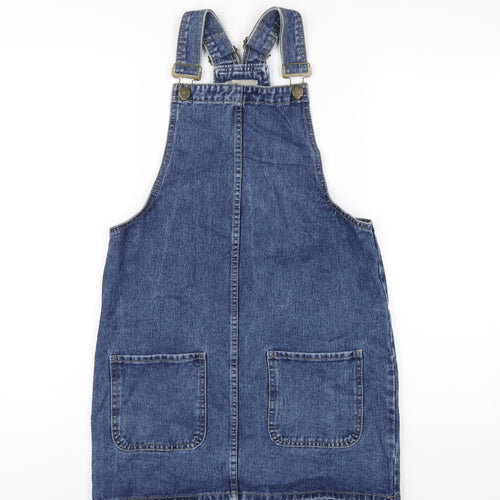 Denim & Co. Womens Blue Cotton Pinafore/Dungaree Dress Size 8 Square Neck Buckle