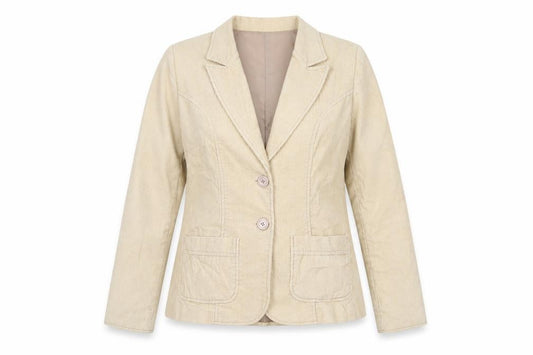 Front view of Foxhole women’s beige jacket blazer, size UK 12, button