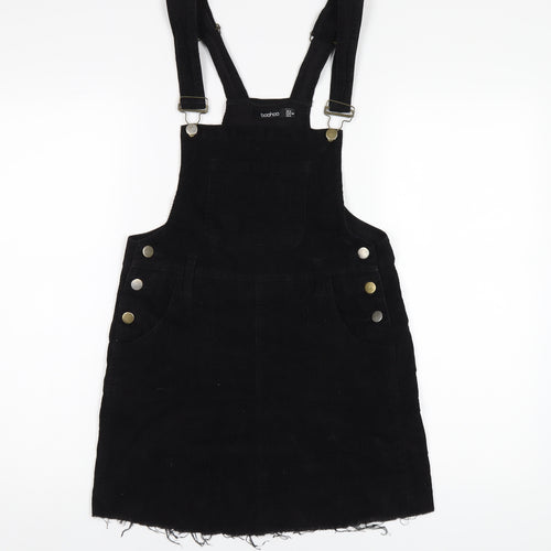 Boohoo Womens Black Cotton Pinafore/Dungaree Dress Size 8 Square Neck Buckle