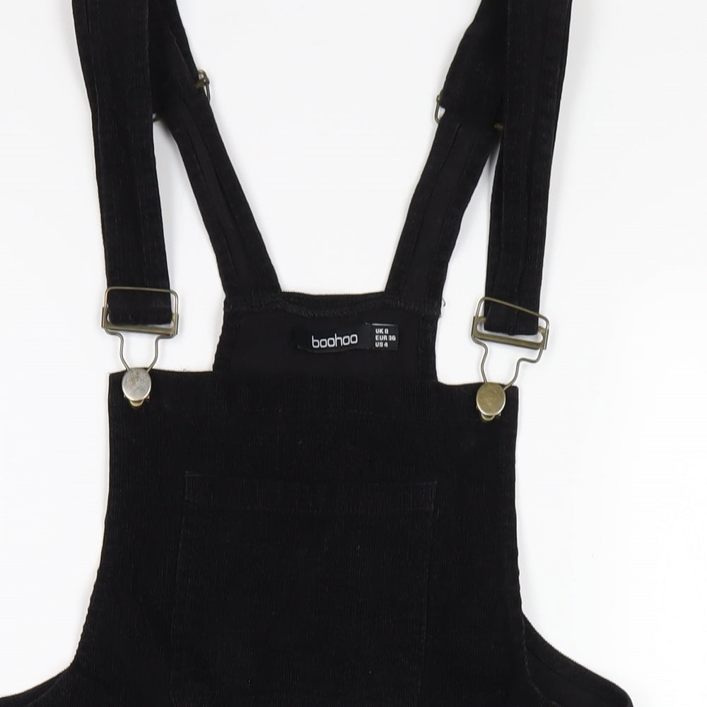 Boohoo Womens Black Cotton Pinafore/Dungaree Dress Size 8 Square Neck Buckle