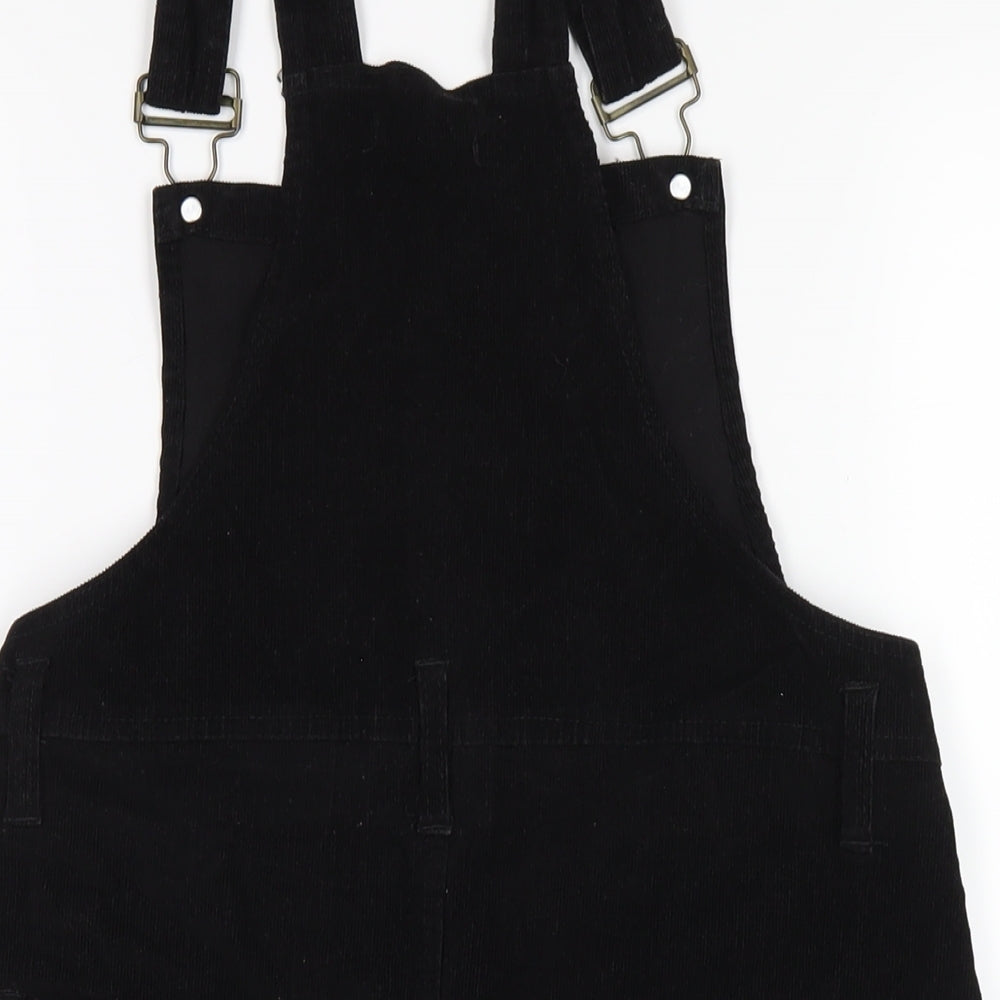 Boohoo Womens Black Cotton Pinafore/Dungaree Dress Size 8 Square Neck Buckle