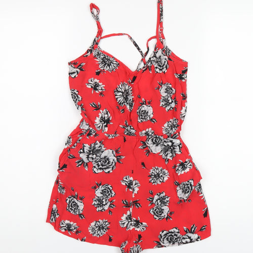 H&M Womens Red Floral Vinyl Playsuit One-Piece Size 8 Pullover