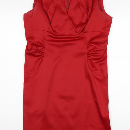 London Times Womens Red Polyester Pencil Dress Size 14 V-Neck Zip