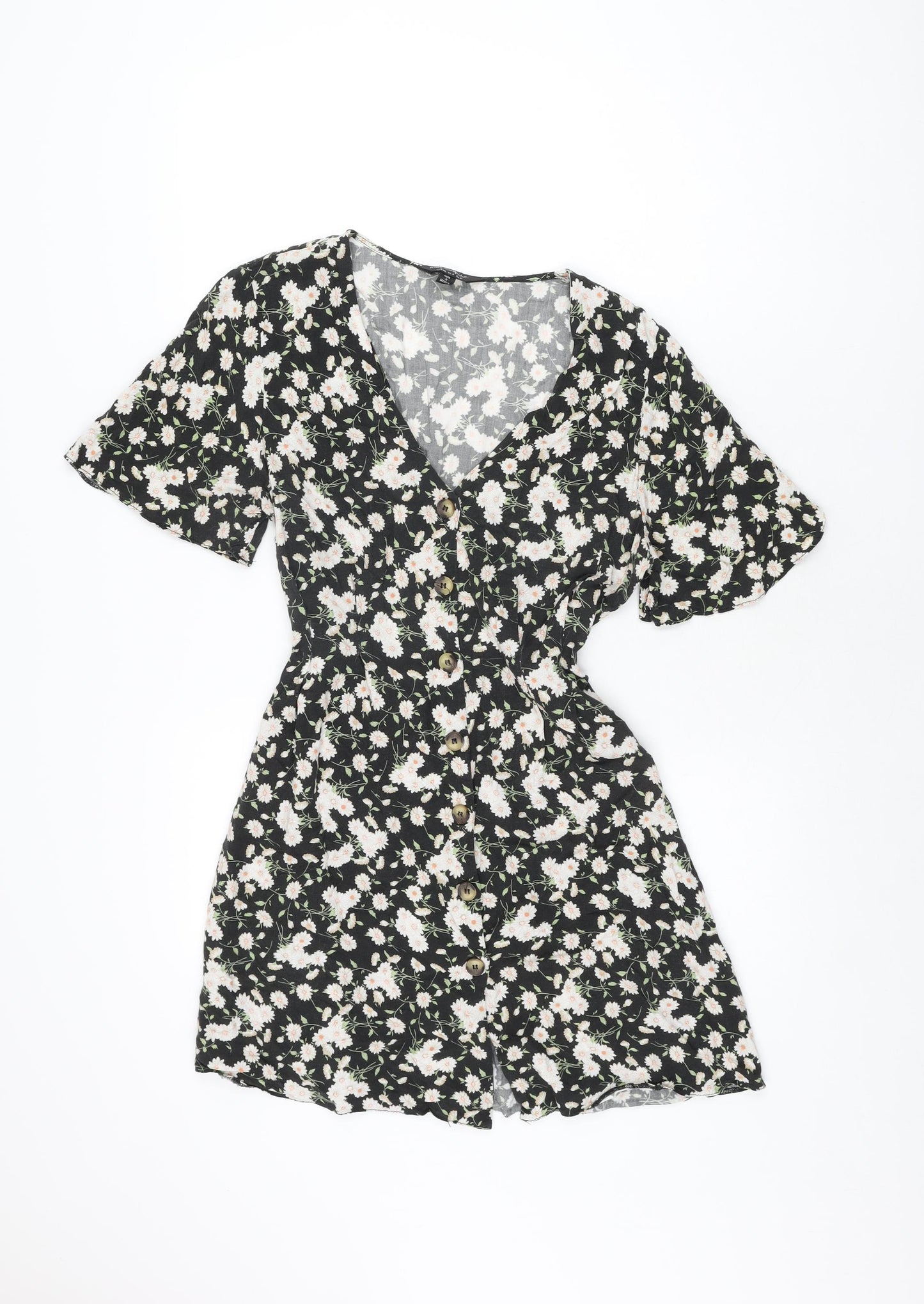Miss Selfridge Womens Black Floral Viscose Mini Size 12 V-Neck Button