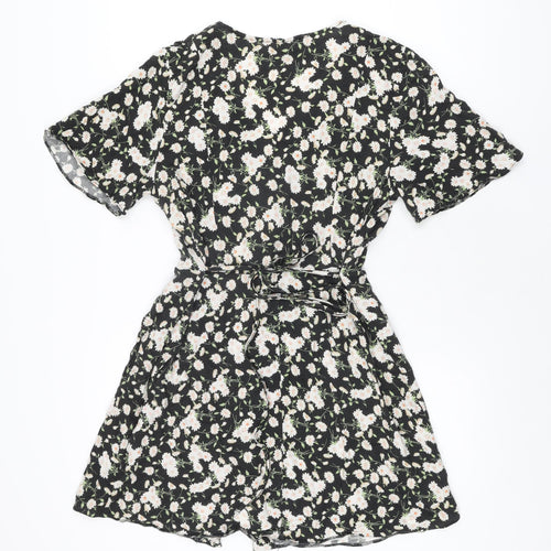 Miss Selfridge Womens Black Floral Viscose Mini Size 12 V-Neck Button