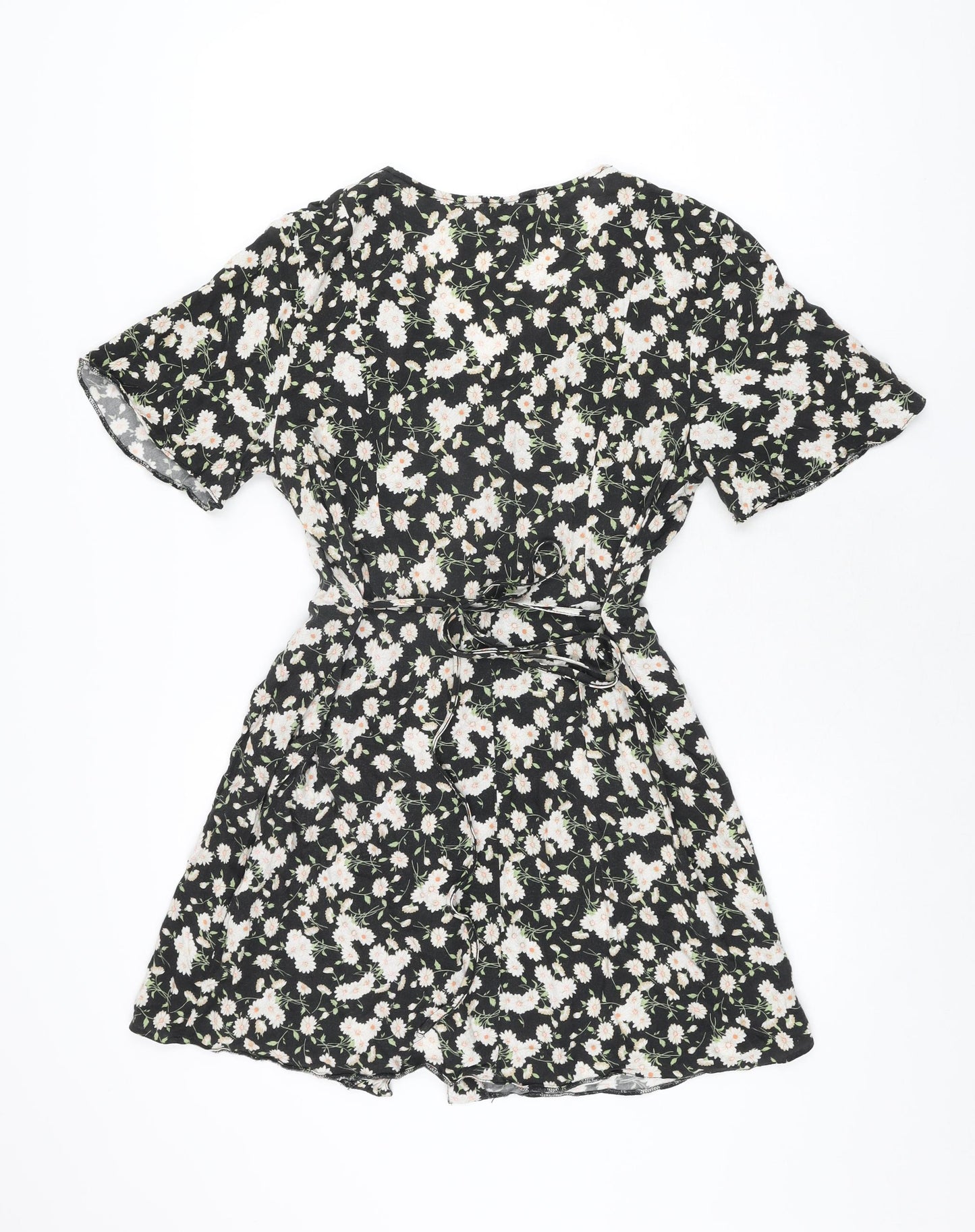 Miss Selfridge Womens Black Floral Viscose Mini Size 12 V-Neck Button