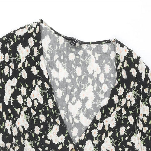 Miss Selfridge Womens Black Floral Viscose Mini Size 12 V-Neck Button