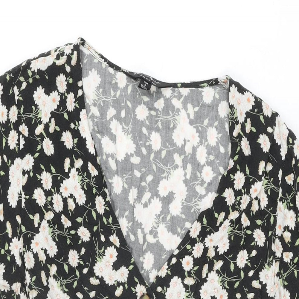 Miss Selfridge Womens Black Floral Viscose Mini Size 12 V-Neck Button