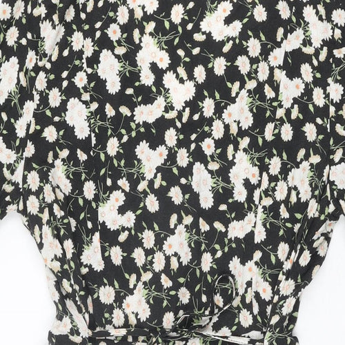 Miss Selfridge Womens Black Floral Viscose Mini Size 12 V-Neck Button