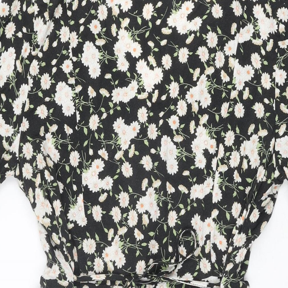 Miss Selfridge Womens Black Floral Viscose Mini Size 12 V-Neck Button