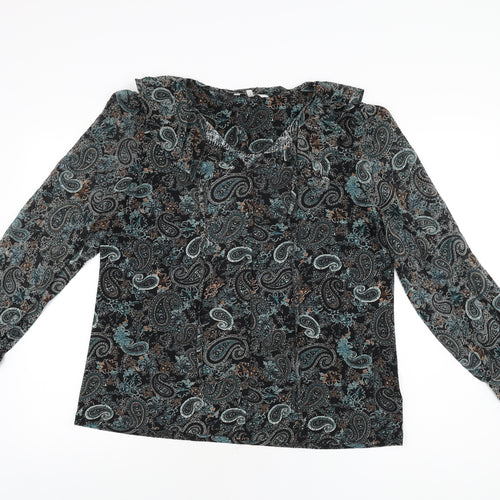 NEXT Womens Black Paisley Polyester Basic Button-Up Size 16 V-Neck