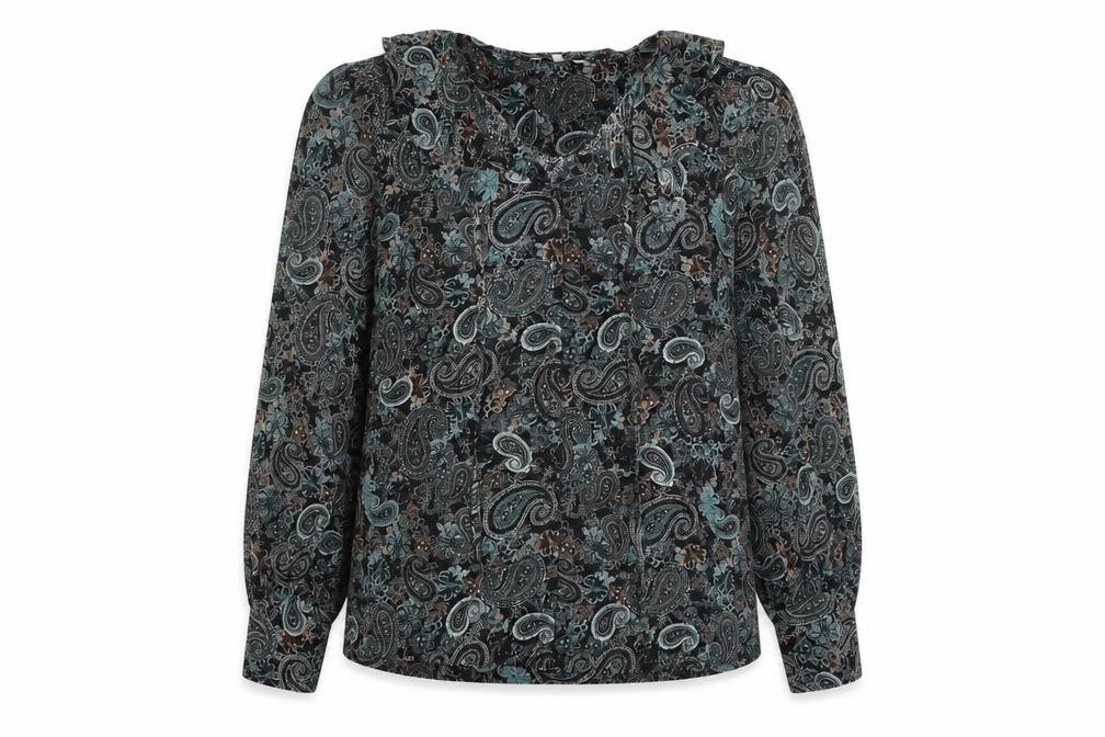 Next Womens Black Paisley Polyester Basic Button-Up Size 16 V-Neck