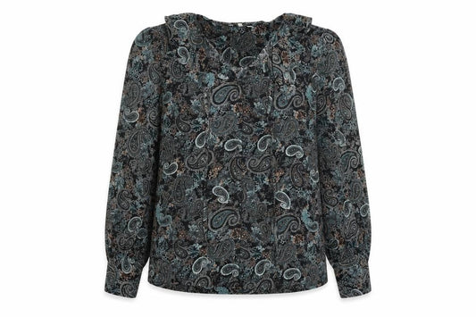 Front view of Next women’s black paisley polyester basic button-up, size UK 16, v-neck