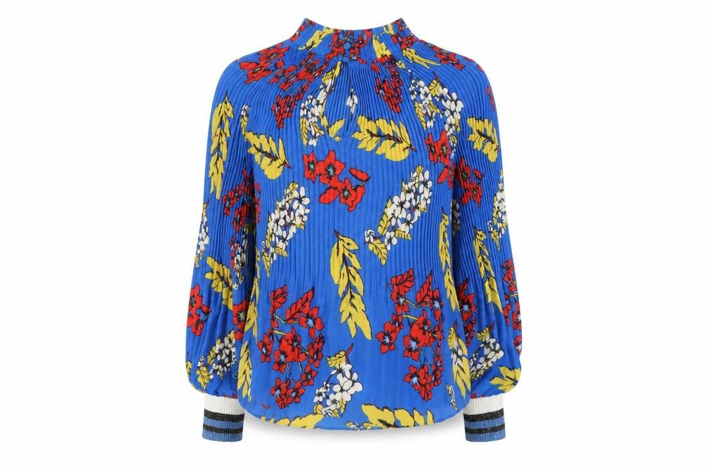 Front view of Jasmine & Juliana women’s blue floral polyester basic blouse, size S, round neck