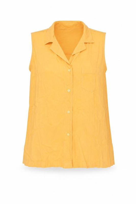 Front view of Denim Clothing Company women’s orange viscose basic button-up, size UK 12, collared