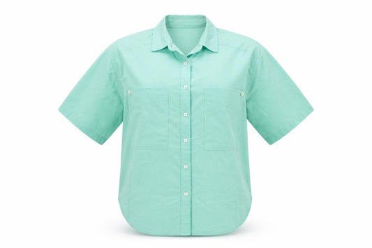 Front view of Littlewoods women’s green polyester basic button-up, size UK 12, collared