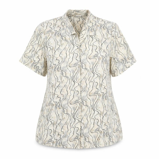 Front view of Your Sixth Sense women’s beige geometric polyester basic button-up, size UK 14, collared