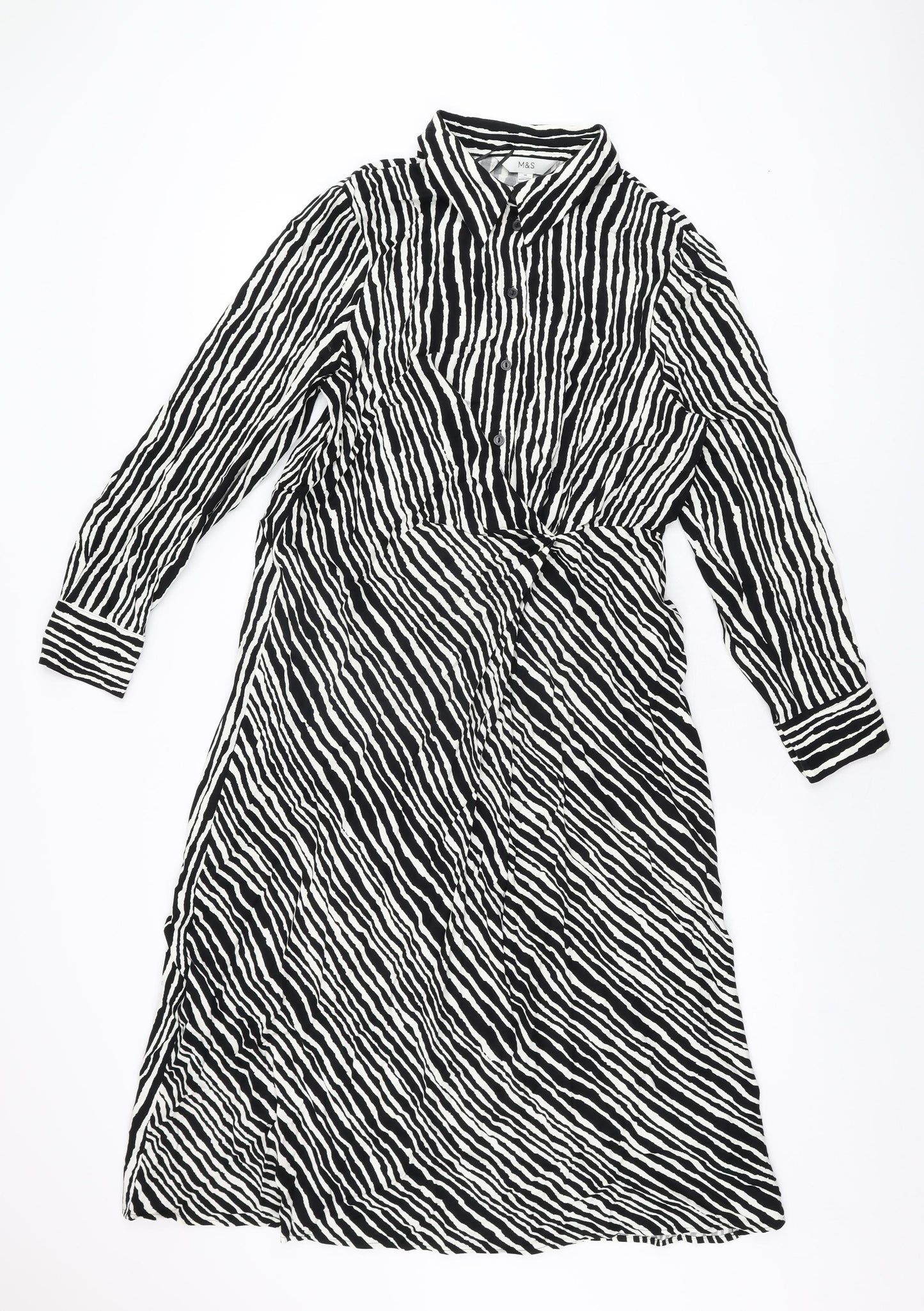 Marks and Spencer Womens Black Geometric Viscose A-Line Size 14 Collared Button