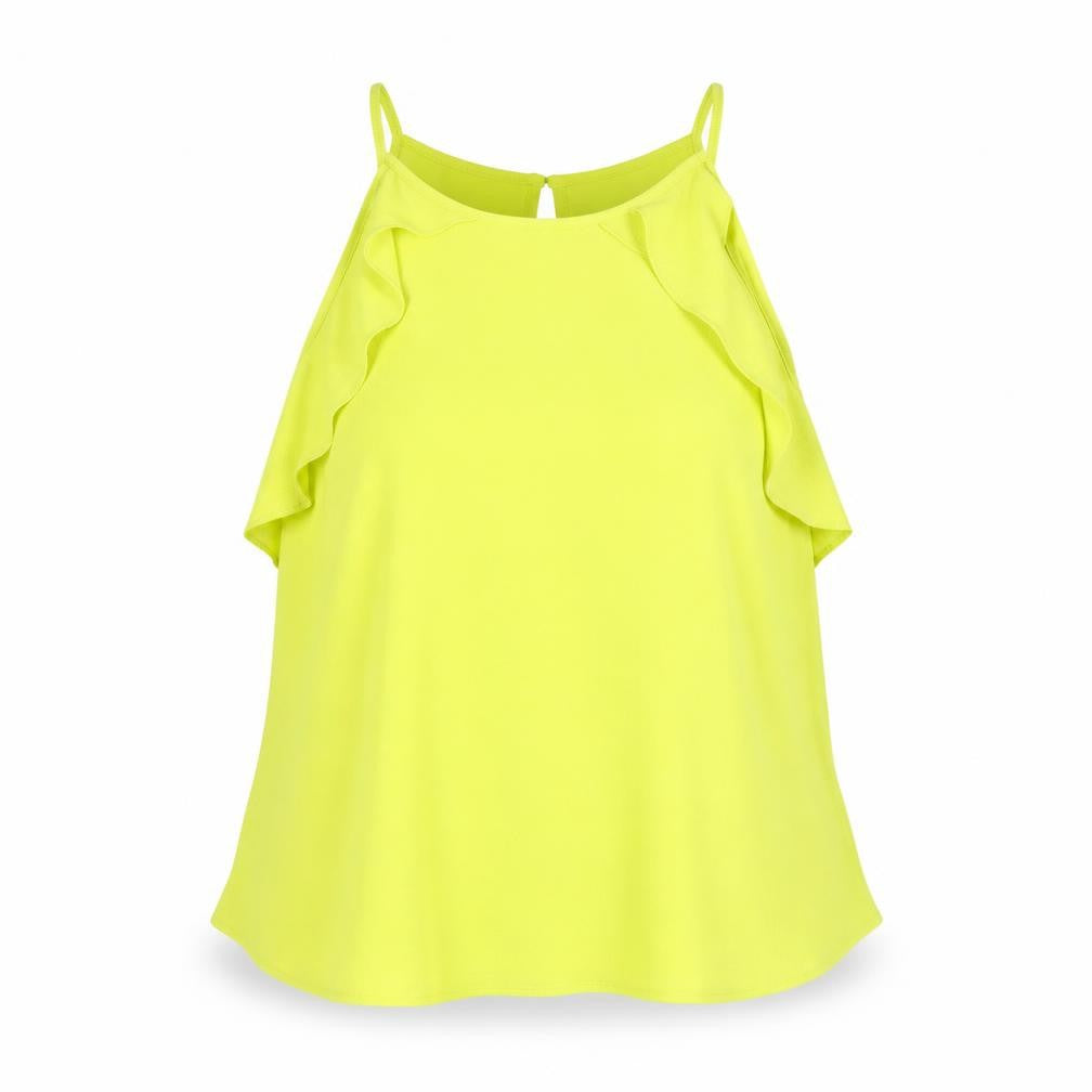 Front view of Dorothy Perkins women’s yellow polyester basic t-shirt, size UK 14, round neck