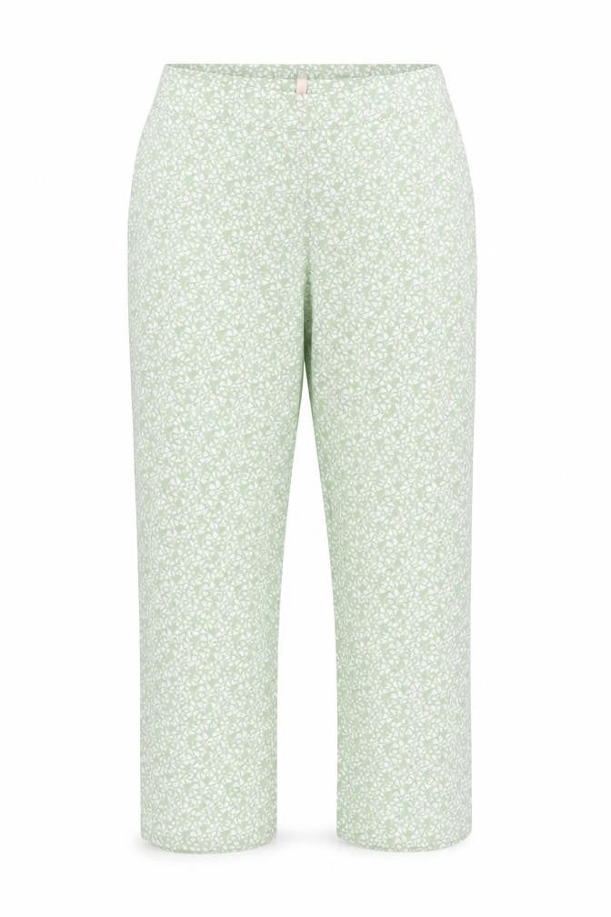 Front view of H&M women’s green floral polyester trousers, size UK 16, 26-inch leg regular zip