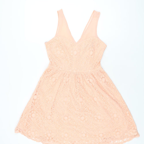 Dorothy Perkins Womens Pink Floral Polyester Skater Dress Size 8 V-Neck Zip
